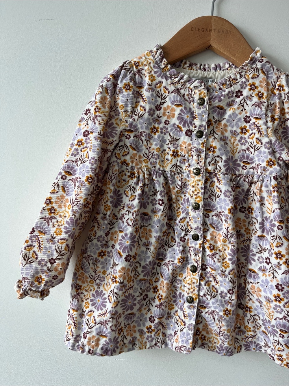 Max Studio Kids Floral corduroy Button-Up Dress with Purple and Mustard Flowers
